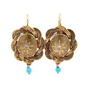 Vintage Hand Engraved 14k Yellow Gold Diamond & Turquoise Dangle Drop Earrings