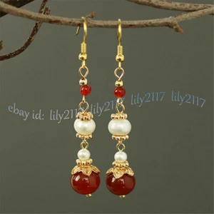 12mm Round Red Agate Gemstone White Freshwater Pearl Dangle Gold Hook Earrings - Picture 1 of 6