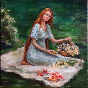 Handcrafted Impressionist Artwork A Lady In A Light Dress Collecting Blossoms - Picture 1 of 10