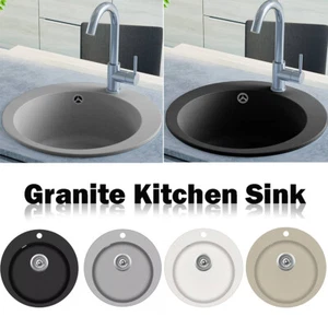 Granite Kitchen Sink Single Basin Round Bowl Overmount with Basket Strainer - Picture 1 of 14