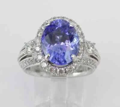 14K White Gold Finish 3.50Ct Oval Cut Blue Tanzanite Women Halo Engagement Ring - Image 1 of 4