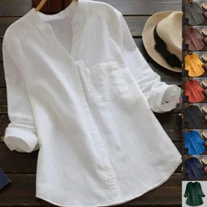 Plus Size Women Button Down T-Shirt Tops Ladies Casual Long Sleeve Pocket Blouse - Picture 1 of 26