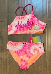 Hurley UPF 50+ Girls Pink Orange Tie Dye Bikini Swimsuit M 8-10 NWT - Picture 1 of 2