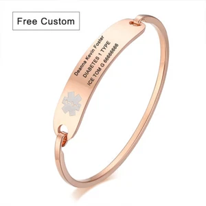 Rose Gold Women Medical Alert ID Bracelet Cuff Bangle Personalize Custom Engrave - Picture 1 of 14