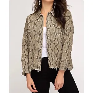 She + Sky | Women’s Taupe Snake Print Jean Jacket XL  - Picture 1 of 4