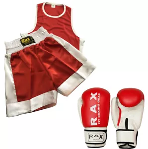 KIDS BOXING UNIFORM SET 2 TOP & SHORTS WITH BOXING GLOVES AGE 3-14 YEARS R A X - Picture 1 of 3