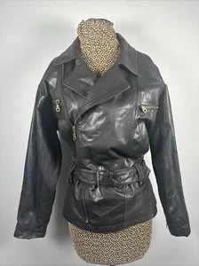 Boutique Europa Womens Leather Jacket Coat Black Moto Biker Zip Belt 90s - Picture 1 of 23