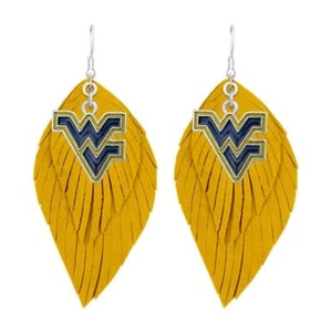 West Virginia Mountaineers Yellow Blue Boho Leather Feather Earrings Jewelry WVU - Picture 1 of 1