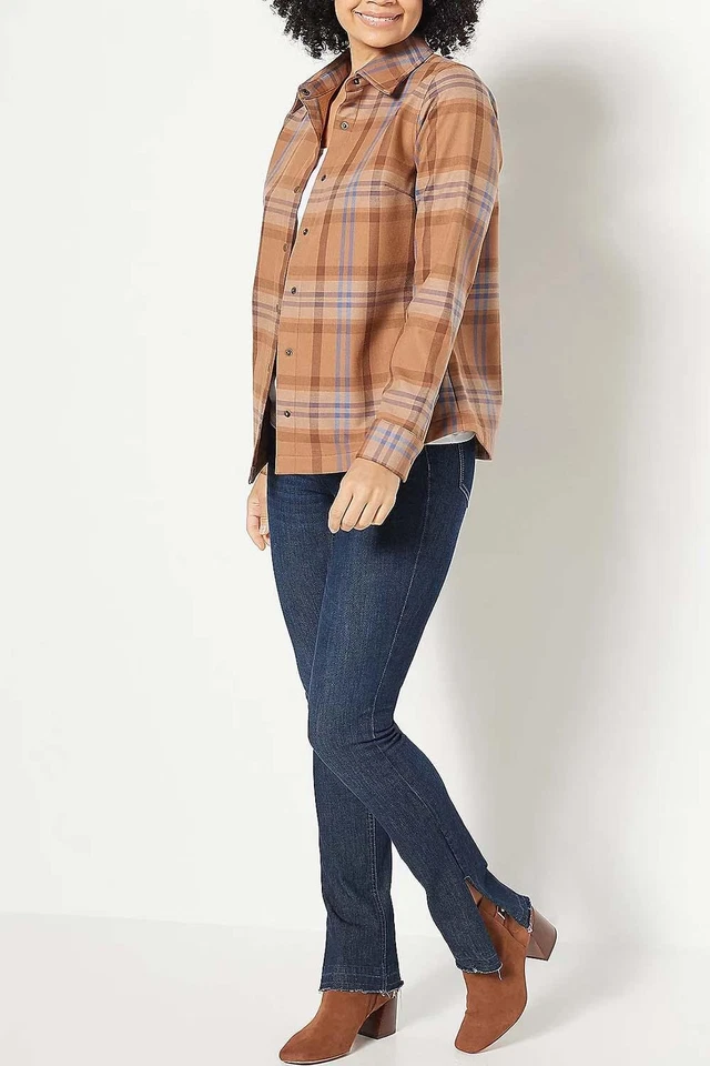 Denim & Co. Cazadora de franela a cuadros unida a vellón castaño Foto 1 de 1