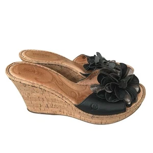 Born Damenschuhe Keilabsatz Größe 9 Plateau-Pantoletten Kork Krone Leder-Sandale Blume - Bild 1 von 10