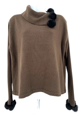 TALLY HO Vintage size Large Chocolate Brown Sweater with Faux Fur Pom Pom Trim - Image 1 of 4