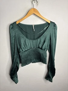 Free People Blouse Womens XS Green Smocked Waist Long Puff Sleeve Cropped Boho - Picture 1 of 5