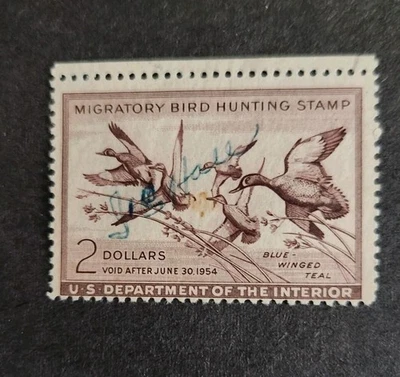 Rjkstamps US Scott #RW20 usado $2,00 1953 sello federal de pato de Estados Unidos azul azulado alado Foto 1 de 2