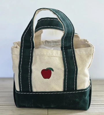 LL Bean Mini Boat Tote Bag Embroidered Apple w Handles Canvas Green Natural - Image 1 of 4