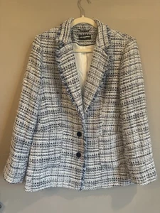 Karl Lagerfeld Blue Tweed Fringe Blazer Size 10 Business - Picture 1 of 4