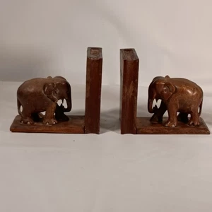 Vintage geschnitzte Elefant Holz Buchstützen Paar versteckte Aufbewahrungsfächer schwer - Bild 1 von 19