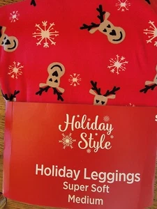 Women’s Christmas Leggings Super Soft Reindeer Snowflakes Red Medium Stretch NEW - Picture 1 of 3