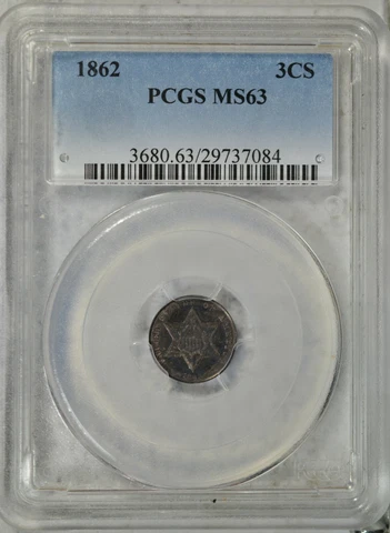 1862 3 cent silver, PCGS MS63..........Type Coin Company Cover