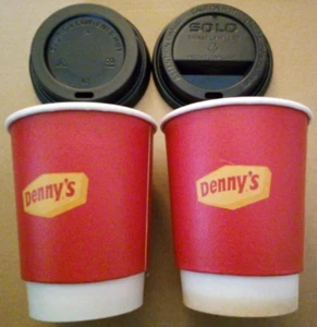 2 New Denny's Red Logo Disposable Paper Cups (tea, coffee, cold / hot liquids) - Picture 1 of 2