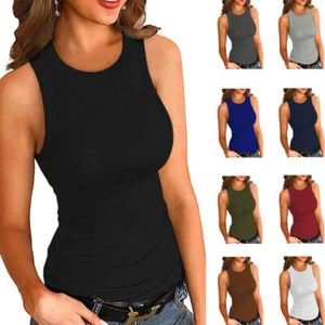 New Solid Color Round Neck Tank Sexy Top I-shaped Women's Sleeveless T-shirt - Picture 1 of 28