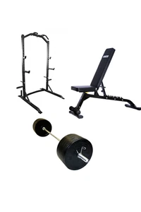 Package of Half Rack Adjustable Bench Olympic Bar Bumper Weight Plates Collars - Picture 1 of 4