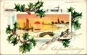 With Christmas Greetings Holly Raphael Tuck's & Sons Postcard 1908 #8351 - Picture 1 of 2