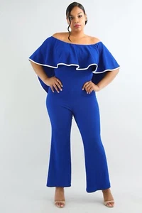 Übergröße dehnbarer blauer Overall mit Rüschen und weißem Besatz. Übergröße 2XL. - Bild 1 von 3