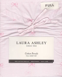 Laura Ashley Full Sheet Set Curtsey Bow Pink 4pc Stripe Farmhouse Chic Cottage - Picture 1 of 4