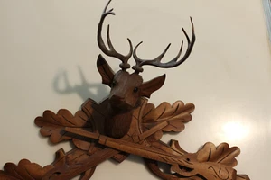 Vtg Black Forest Cuckoo Clock Topper Deer Head with Crossed Rifles Oak Leaves - Picture 1 of 7