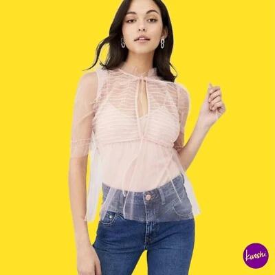 V BY VERY Women's Ruched Peplum Mesh Top, Bow Detail, Dusky Pink, UK 18 | EU 46 - Image 1 of 4