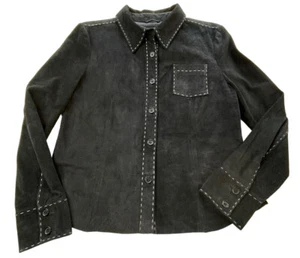 True Grit leather suede shirt jacket woman’s M Black Blanket Stitching - Picture 1 of 8