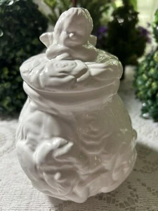 Round World Bizzar Inc. Small White Lided Jar w/Cherubs on it - Picture 1 of 11
