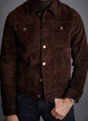 Men Brown Pure Suede Leather Jacket Slim Fit Trucker Jacket Custom Size S M L XL - Image 1 of 4