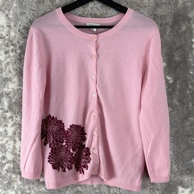 Cárdigan Suéter Garnet Hill Talla M Rosa Suave 100% Lana Merino Floral Botón Ligero Foto 1 de 4