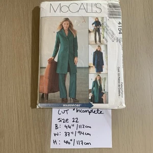 McCalls Pattern 4154 CUT To Size 22 Suit Lined Blazer Jacket Skirt Pants Y2K - Picture 1 of 6