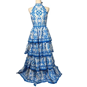 Maxi Vestido Mediano Flying Tomato Blushing Blossom Para Mujer Azul Halter Cuello En Niveles - Imagen 1 de 9