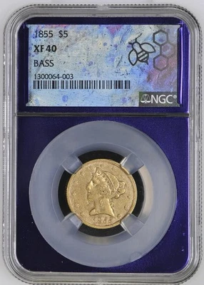 1855 $5 Gold Liberty Half Eagle NGC XF40 BASS No Motto Custom Purple Core -003 - Image 1 of 2