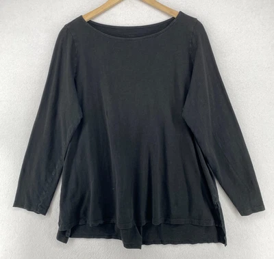 EILEEN FISHER Top L Algodón Orgánico Slub Jersey Túnica Cuello Barco Manga Larga Negro Foto 1 de 4