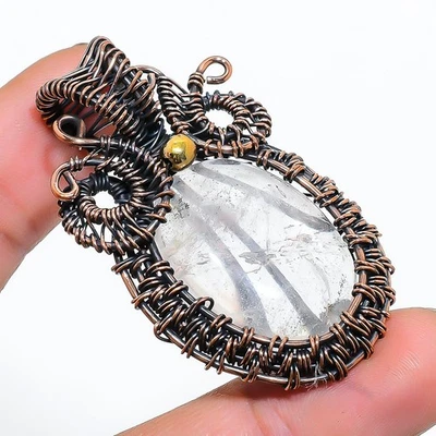 Ciondolo gioiello in filo di rame fatto a mano con pietra preziosa al quarzo ... - Immagine 1 di 4