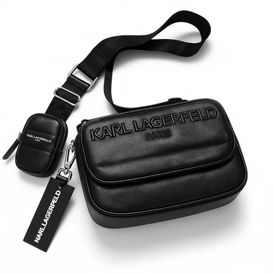 NWT Karl Lagerfeld Paris Voyage Quilted Flap Crossbody Bag + Pouch Black Quilted - Image 1 of 4