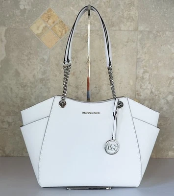 Michael Kors Jet Set Travel Large Shoulder Chain Tote Bag Optic White/Silver - Image 1 of 4