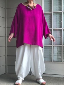 LAGENLOOK ARTSY BOHO ASYMMETRICAL OVERSIZED MAGENTA CRINKLE TUNIC+NECKLACE PLUS - Picture 1 of 5