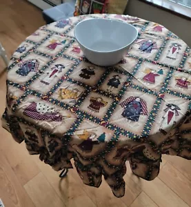 Vtg Primitive Farmhouse Angels, Stars Americana Country 47" Round Table Cloth - Picture 1 of 7
