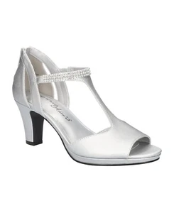 Easy Street Rhinestone T-Strap Flash Round Toe Silver Satin 1443 Womens Size 7.5 - Picture 1 of 7