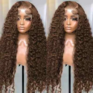 Deep Wave Chocolate Brown 13x6 HD Lace Frontal Wig Kinky Curly Human Hair Wigs - Picture 1 of 10