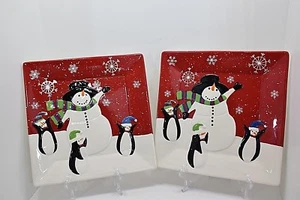 St Nicholas Square Jolly 2 Square 11” Dinner Plates Snowman Penguin Snowflakes C - Picture 1 of 8