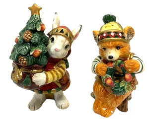 Fitz and Floyd “Christmas Lodge” Bear & Bunny Salt & Pepper Shakers 2001 - Picture 1 of 11