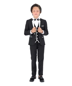 Boys Wedding & Pageboy Piping Tuxedo Suit, 3pc or 5pc Sets for Special Occasions - Picture 1 of 26