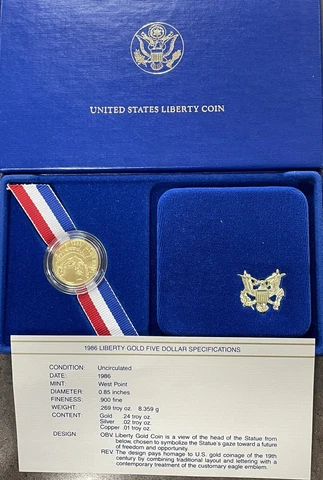 1986-W Proof $5.00 Dollar Liberty Gold Coin With Box & Coa Cover