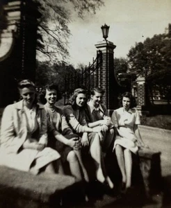Five Women Sitting On Wall By Wrought Iron Gate B&W Photograph 3.25 x 4.5 - Picture 1 of 3